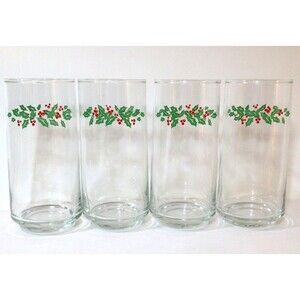 Vintage Holiday Christmas Drinking Glass Wreath Holly Berries Set Of 4 14oz 6"